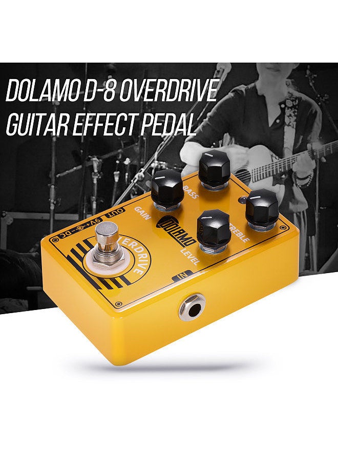 D-8 Overdrive Guitar Effect Pedal with Bass Treble Gain Level Controls and True Bypass Design for Electric Guitar