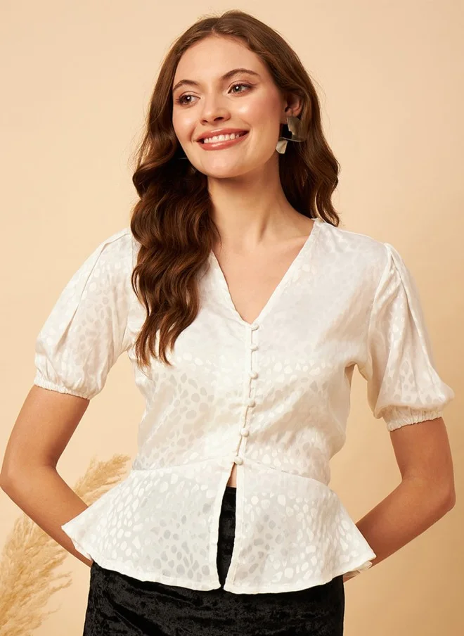 MINT STREET Abstract Woven Design Puff Sleeve V-Neck Peplum Top for Women