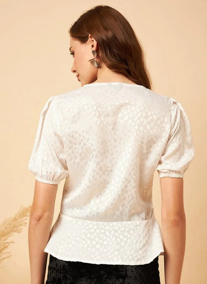 MINT STREET Abstract Woven Design Puff Sleeve V-Neck Peplum Top for Women