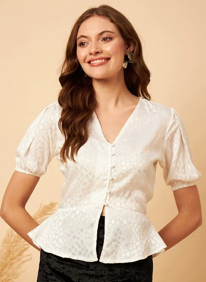 مينت ستريت بلوزة نسائية بأكمام منتفخة وياقة على شكل  وتصميم مجرد منسوج