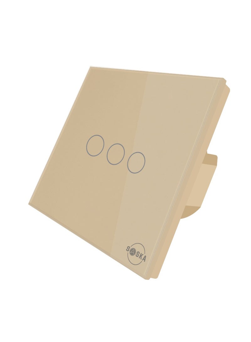 SASKA Saska Smart Tuya Wifi Touch Light Switch (SJ-A1) Smartlife App Remote Control, Timing Function Voice Control - No Neutral No Hub Needed (3 Gang, Gold)  - Image 1