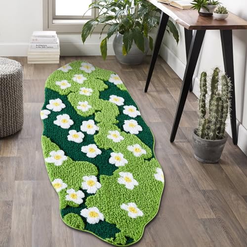 Ouyattle Cute Green Floral Bathroom Runner Rugs Extra Long Bath Mat 24''W x 60''L Non Slip Washable, Modern Chic Boho Aesthetic Trendy Funky Grass Throw Runner Rugs for Kitchen Bedroom Entryway - Image 1