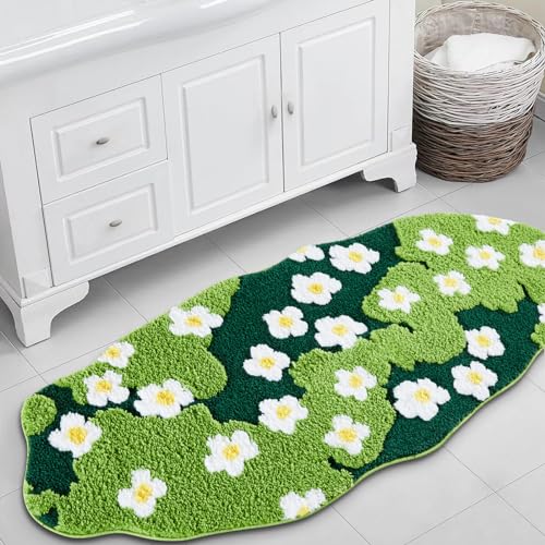 Ouyattle Cute Green Floral Bathroom Runner Rugs Extra Long Bath Mat 24''W x 60''L Non Slip Washable, Modern Chic Boho Aesthetic Trendy Funky Grass Throw Runner Rugs for Kitchen Bedroom Entryway - Image 2