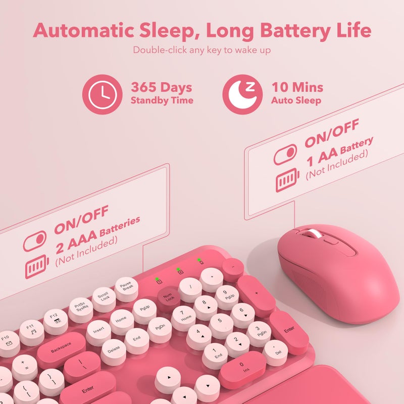 SABLUTE Wireless Keyboard and Mouse Combo, Cute Hot Pink Full-Size Retro Typewriter Keyboard with Round Keycaps, Magnetic Wrist Rest, Tilt Legs, 2.4GHz Cordless for Mac, Windows PC, Laptop, SABLUTE CK23 - Image 4