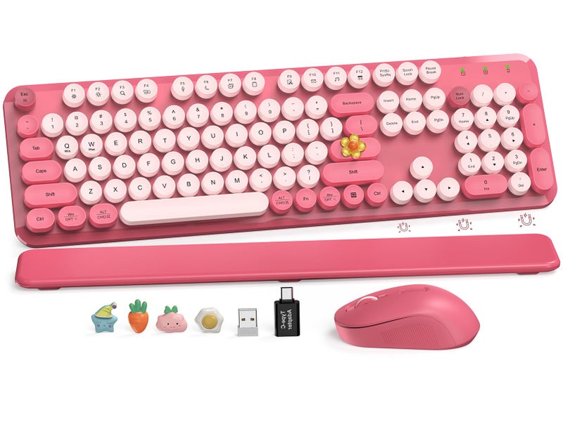 SABLUTE Wireless Keyboard and Mouse Combo, Cute Hot Pink Full-Size Retro Typewriter Keyboard with Round Keycaps, Magnetic Wrist Rest, Tilt Legs, 2.4GHz Cordless for Mac, Windows PC, Laptop, SABLUTE CK23 - Image 1