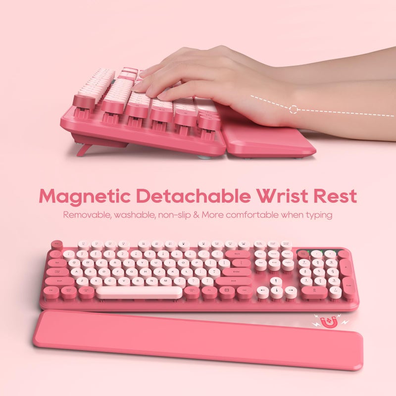 SABLUTE Wireless Keyboard and Mouse Combo, Cute Hot Pink Full-Size Retro Typewriter Keyboard with Round Keycaps, Magnetic Wrist Rest, Tilt Legs, 2.4GHz Cordless for Mac, Windows PC, Laptop, SABLUTE CK23 - Image 2