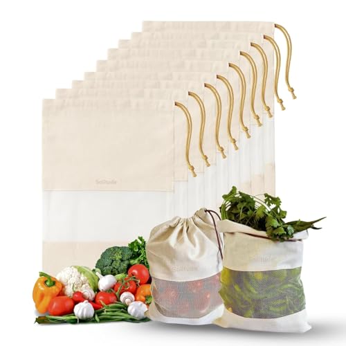 Solitude Set of 9 Cotton Vegetable Bags Fridge Storage Bag Sabji Fruits Pouch Refrigerator Produce Muslin Reusable Washable & Multipurpose use Cloth Bags with Drawstrings - Image 1