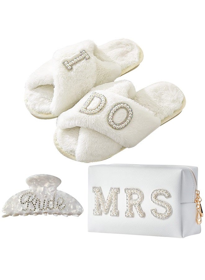 Bride To Be Gift Set Includes Bride Patch MRS Cosmetic Bag Portable Bride Makeup Bag Makeup Pouch Small Toiletry Bag and Women's I Do Slide Slippers, White Hair Claw Bride Wedding Gifts for Women  - Image 1