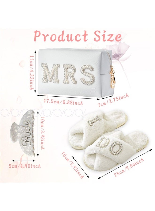 Bride To Be Gift Set Includes Bride Patch MRS Cosmetic Bag Portable Bride Makeup Bag Makeup Pouch Small Toiletry Bag and Women's I Do Slide Slippers, White Hair Claw Bride Wedding Gifts for Women  - Image 2