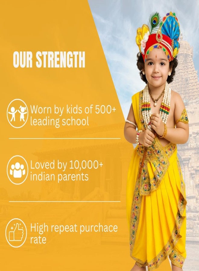 Sarvda Brocade Krishna Dress for Baby Boy Baby Girl | Janmashtami Dress | Kids Kanha Ji Accessories | Mor Pankh Dhoti Bansuri Complete Set - Image 5