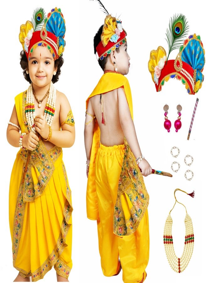Sarvda Brocade Krishna Dress for Baby Boy Baby Girl | Janmashtami Dress | Kids Kanha Ji Accessories | Mor Pankh Dhoti Bansuri Complete Set - Image 1