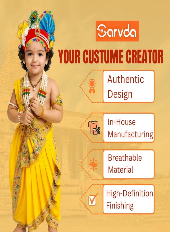 Sarvda Brocade Krishna Dress for Baby Boy Baby Girl | Janmashtami Dress | Kids Kanha Ji Accessories | Mor Pankh Dhoti Bansuri Complete Set - Image 3