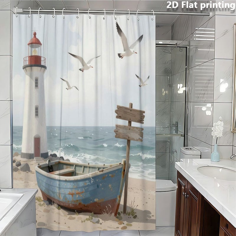 2D Flat Printed Shower Curtain 94.49 By 78.74 Inch Featuring A Beach Scene With Lighthouse Seagulls And Boat For Home Bathroom Decor - Image 5