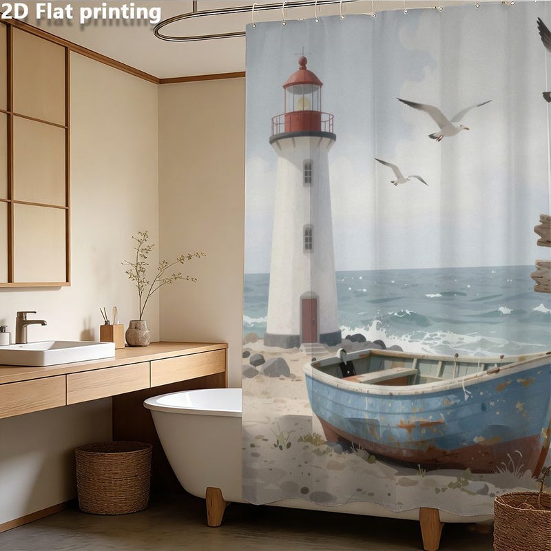 2D Flat Printed Shower Curtain 94.49 By 78.74 Inch Featuring A Beach Scene With Lighthouse Seagulls And Boat For Home Bathroom Decor - Image 3