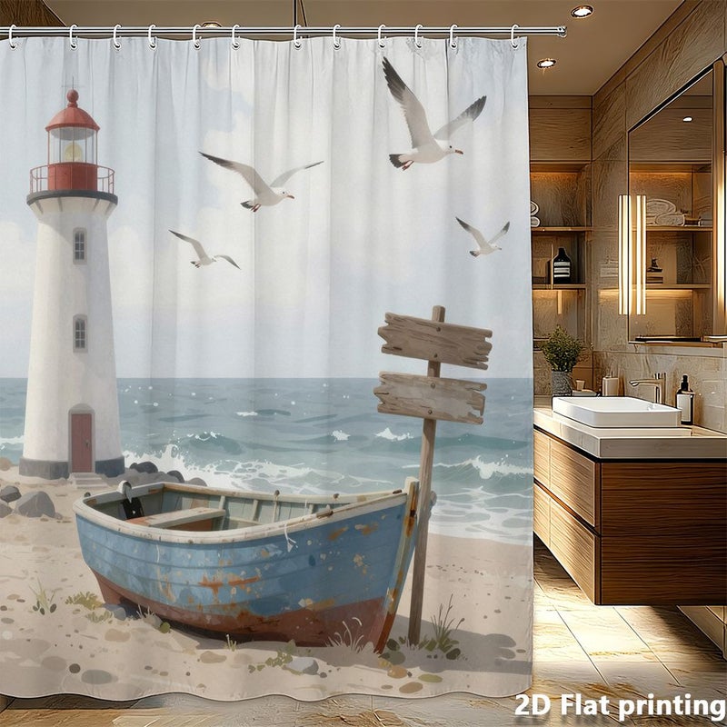 2D Flat Printed Shower Curtain 94.49 By 78.74 Inch Featuring A Beach Scene With Lighthouse Seagulls And Boat For Home Bathroom Decor - Image 1