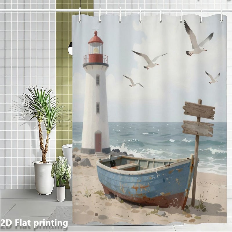 2D Flat Printed Shower Curtain 94.49 By 78.74 Inch Featuring A Beach Scene With Lighthouse Seagulls And Boat For Home Bathroom Decor - Image 2