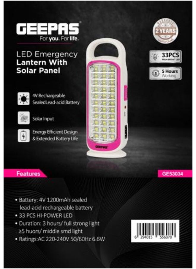 GEEPAS Hi-Power LED Emergency Lantern with Solar Panel, White and Pink  - Image 2