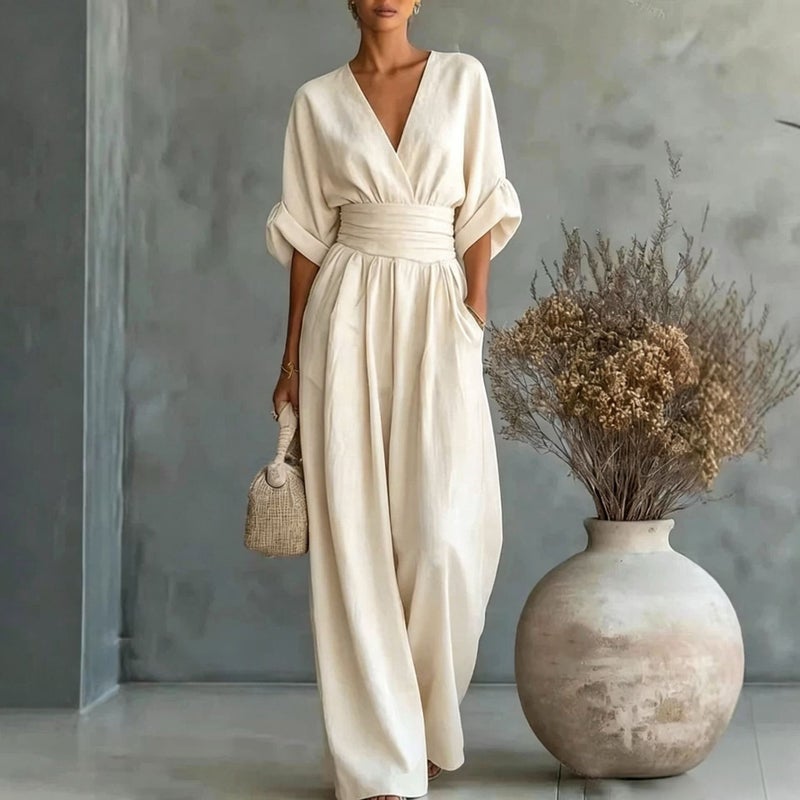 2026 European and American Cross-Border Spring/Summer New Elegant High-Waisted V-Neck Jumpsuit