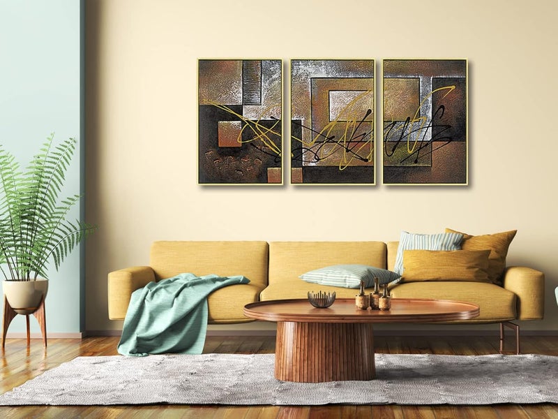 Pyradecor Large Gold Framed 3 Pieces Canvas Prints Abstract Brown Landscapes Pictures Paintings on Canvas Wall Art Work for Living Room Bedroom Home Decorations - Image 5
