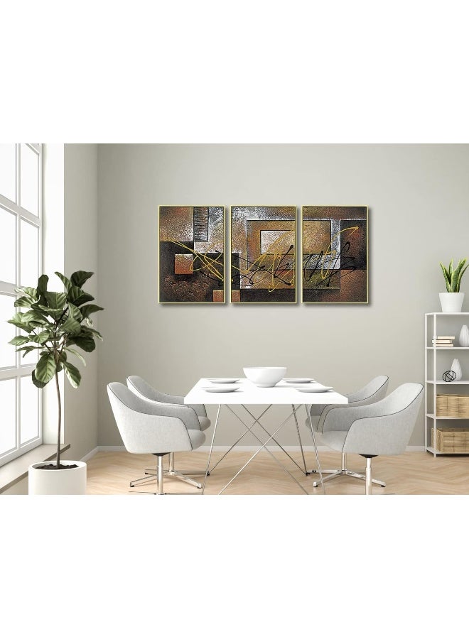 Pyradecor Large Gold Framed 3 Pieces Canvas Prints Abstract Brown Landscapes Pictures Paintings on Canvas Wall Art Work for Living Room Bedroom Home Decorations - Image 4