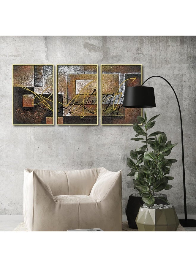 Pyradecor Large Gold Framed 3 Pieces Canvas Prints Abstract Brown Landscapes Pictures Paintings on Canvas Wall Art Work for Living Room Bedroom Home Decorations - Image 3