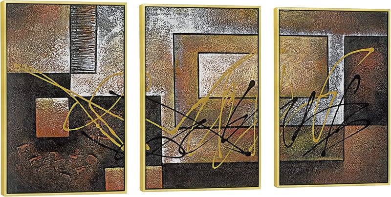 Pyradecor Large Gold Framed 3 Pieces Canvas Prints Abstract Brown Landscapes Pictures Paintings on Canvas Wall Art Work for Living Room Bedroom Home Decorations - Image 1