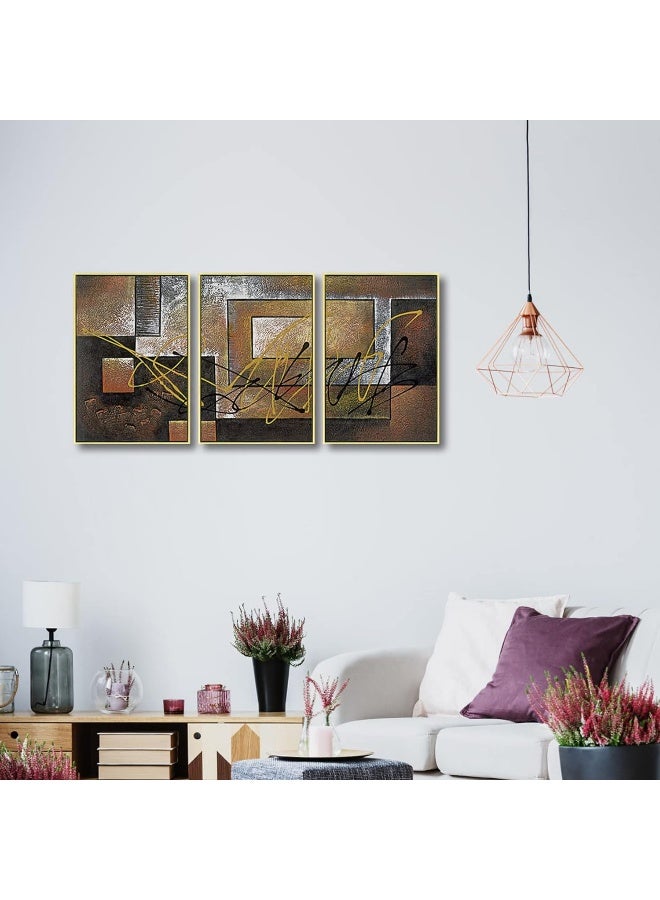 Pyradecor Large Gold Framed 3 Pieces Canvas Prints Abstract Brown Landscapes Pictures Paintings on Canvas Wall Art Work for Living Room Bedroom Home Decorations - Image 2