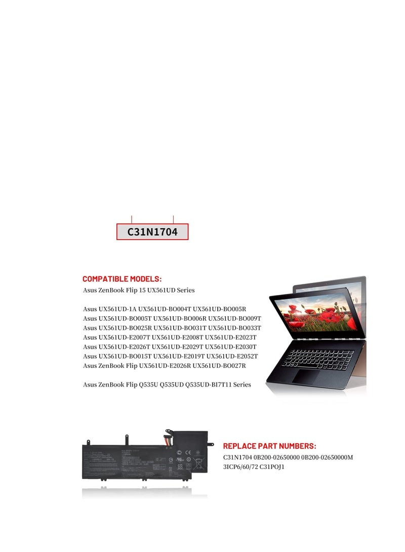 Terabyte 1.55V 52Wh C31N1704 Battery Compatible for Asus ZenBook Flip 15 UX561UD UX561UD-1A UX561UD-BO004T UX561UD-BO005R Q535U Q535UD Q535UD-BI7T11 Series - Image 3