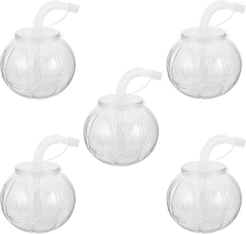5pcs Halloween Pumpkin Drink Cups with Straws 450ml Plastic Cold Drink Cups Reusable Fall-themed Beverage Tumblers for Party and Juice - Image 1
