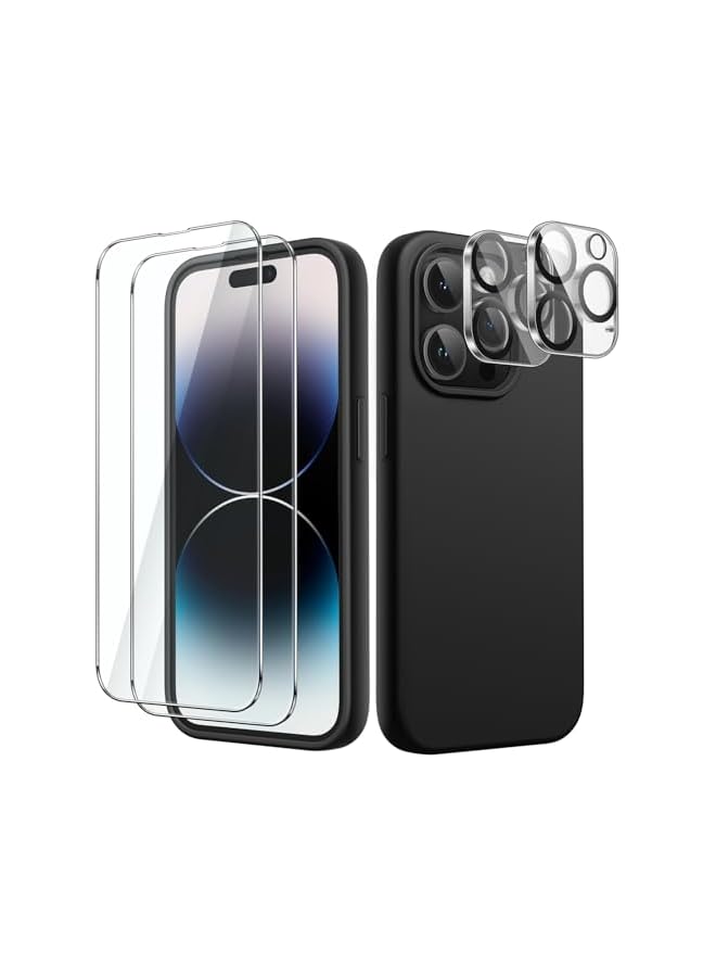 جي تيك حافظة JETech 5 في 1 من السيليكون لهاتف iPhone 14 Pro Max مقاس 6.7 بوصة، مع واقي شاشة مكون من عبوتين وواقي عدسة الكاميرا، طبقة زجاجية مقسى بتغطية كاملة، غطاء هاتف مقاوم للصدمات (أسود) - Image 1