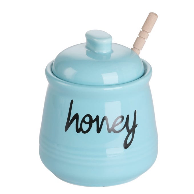 HONEY JAR WITH DIPPER AND LID CERAMIC HONEY POT 12OZ TURQUOISE