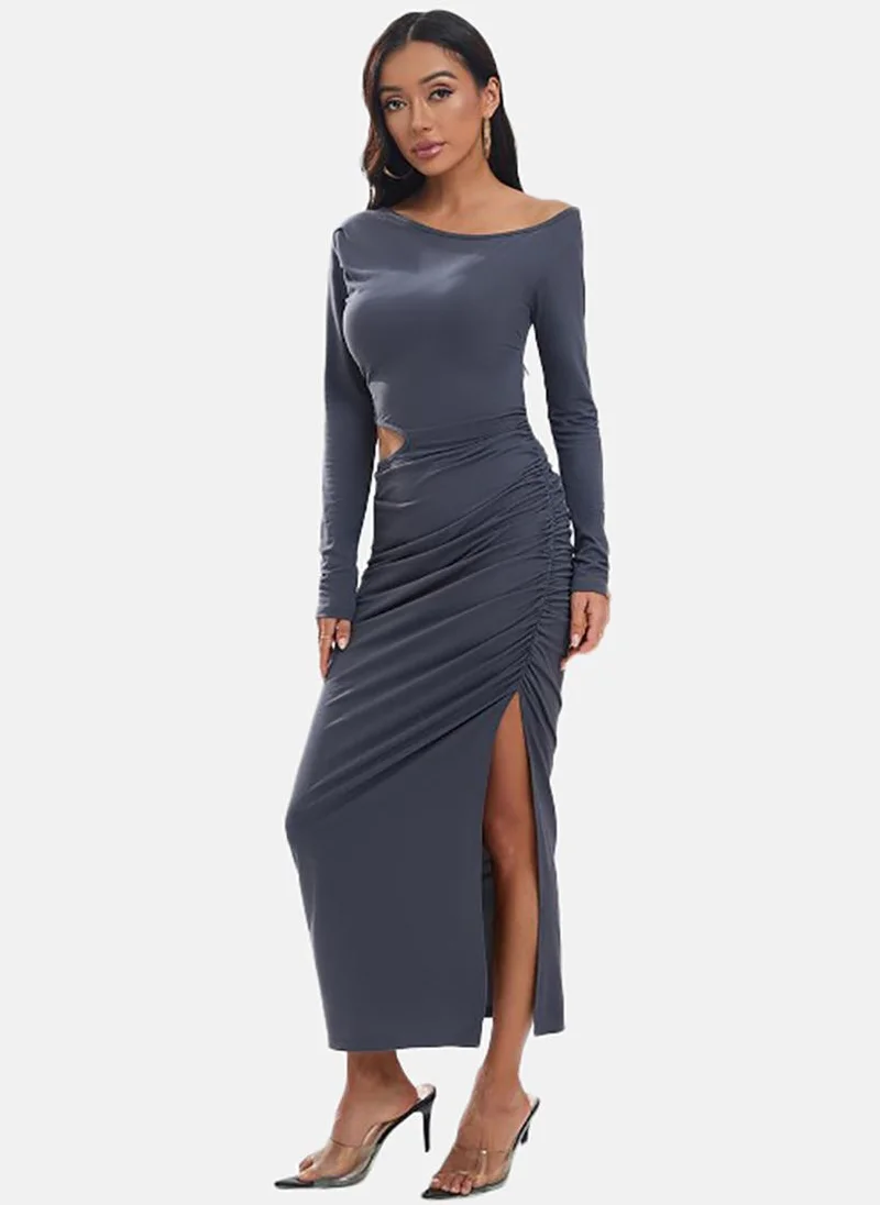 يونيكي Blue Solid Long Sleeve One-Shoulder Midi Wrap Dress