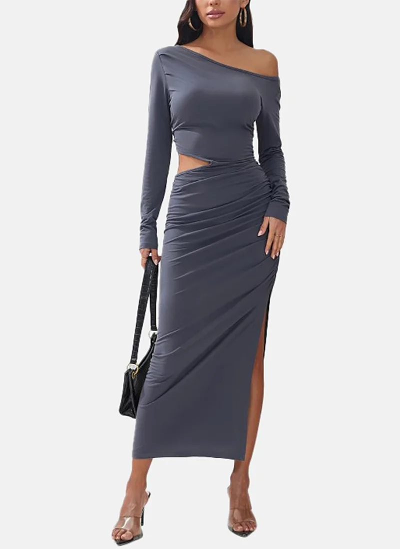 يونيكي Blue Solid Long Sleeve One-Shoulder Midi Wrap Dress