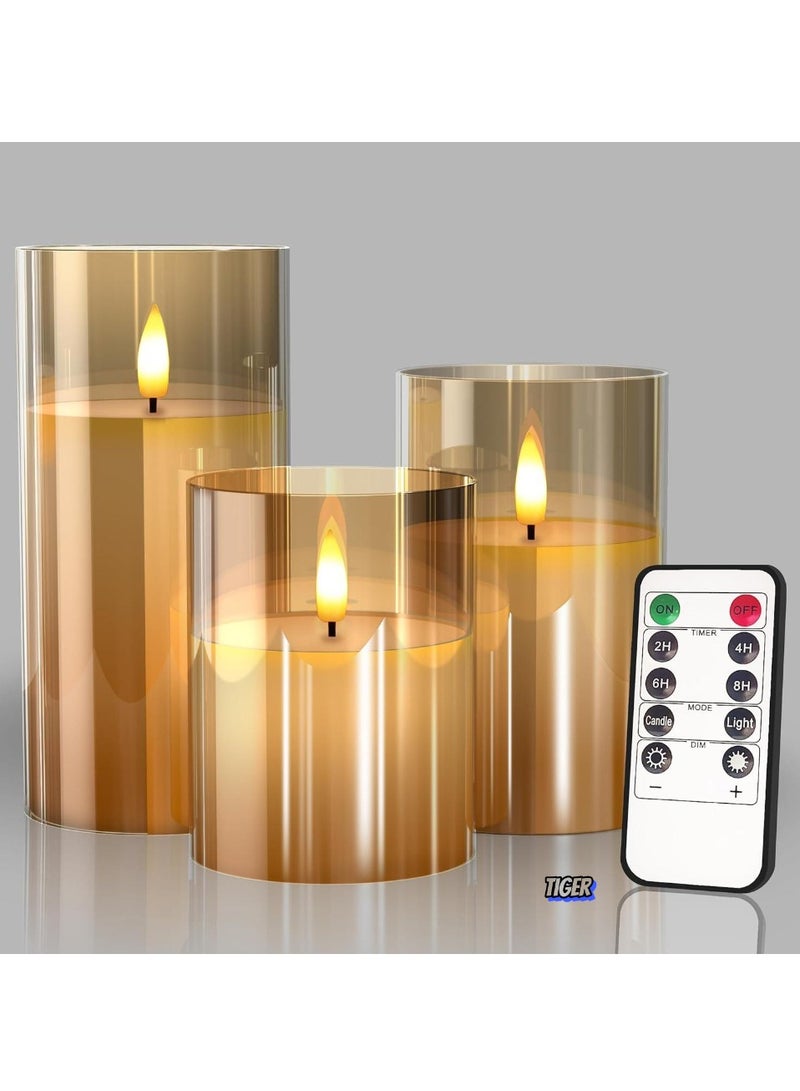 TIGER Glass Battery Operated LED Flameless Candles with Remote & Timer, Real Wax Flickering Light, Warm Color Glow for Festival, Wedding, Home & Party Decor (Pack of 3, Gold) - Image 1