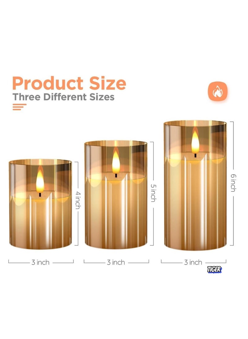 TIGER Glass Battery Operated LED Flameless Candles with Remote & Timer, Real Wax Flickering Light, Warm Color Glow for Festival, Wedding, Home & Party Decor (Pack of 3, Gold) - Image 2