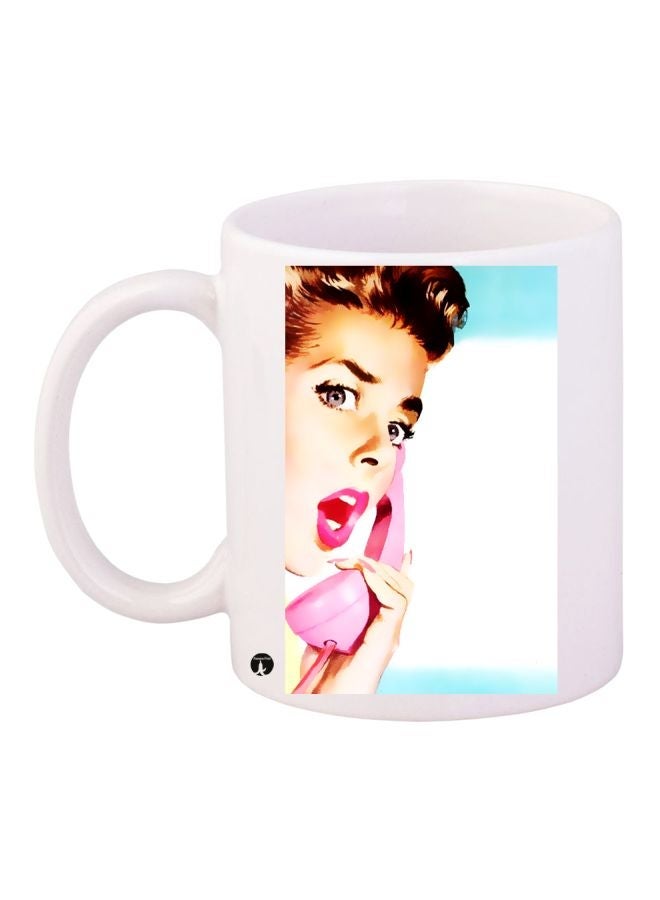 RYN Woman On Phone Printed Coffee Mug White/Beige/Pink 11ounce