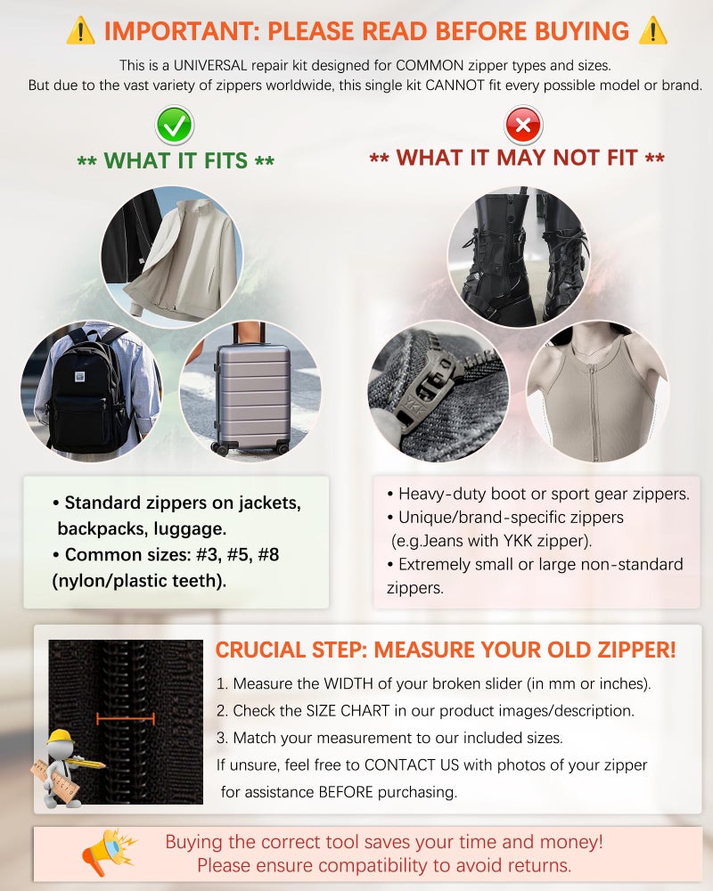 VICHERIA Universal Zipper Repair Kit (200 Pcs) - Fixes Common Zippers on Bags, Jackets, Luggage | Includes #3#5#8#10 & YKK-Compatible Sliders 【 Check Compatibility in Images】 - Image 3