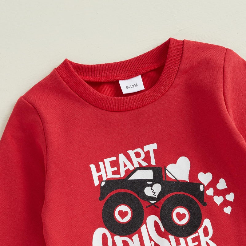 BeQeuewll Baby Boy Valentines Day Outfit Heart Lover Crusher Truck Valentine Sweatshirt Pants Set Toddler Boys Spring Outfits (Red, 12-18 Months) - Image 4