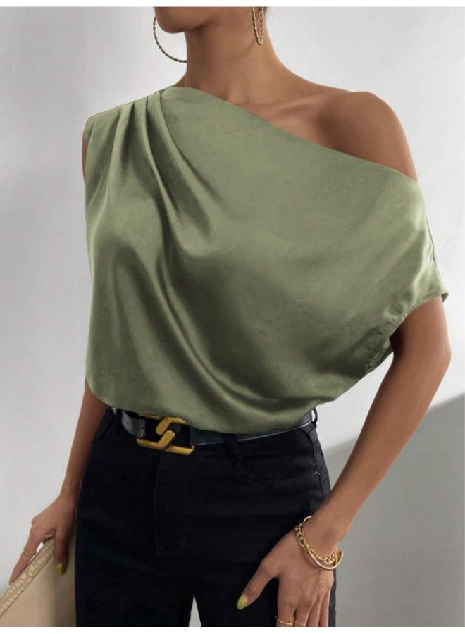 VUELO European And American Women's Clothing Solid Color Satin Artificial Silk Irregular Shoulder Off-shoulder Pullover Sleeveless Shirt For Women - Image 1
