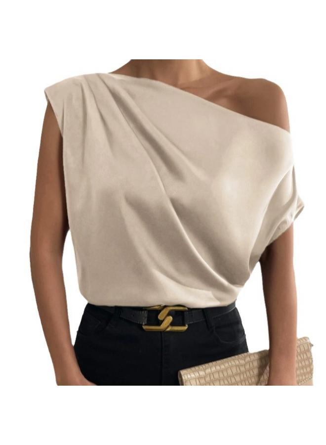VUELO European And American Women's Clothing Solid Color Satin Artificial Silk Irregular Shoulder Off-shoulder Pullover Sleeveless Shirt For Women - Image 5