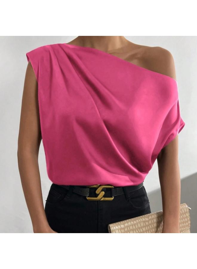 VUELO European And American Women's Clothing Solid Color Satin Artificial Silk Irregular Shoulder Off-shoulder Pullover Sleeveless Shirt For Women - Image 3