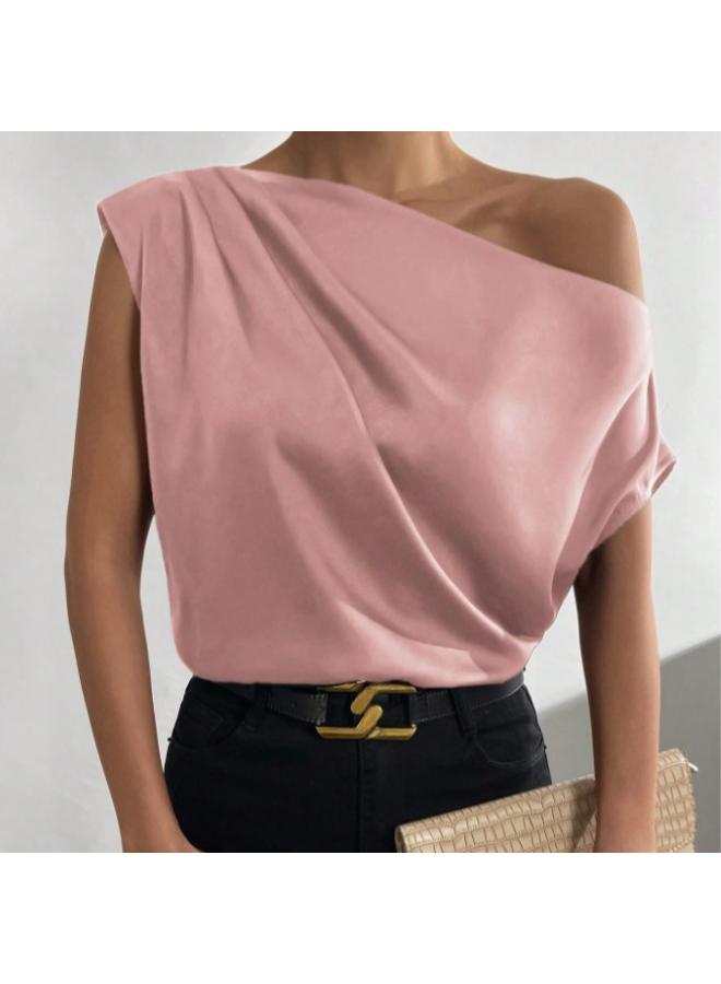 VUELO European And American Women's Clothing Solid Color Satin Artificial Silk Irregular Shoulder Off-shoulder Pullover Sleeveless Shirt For Women - Image 2