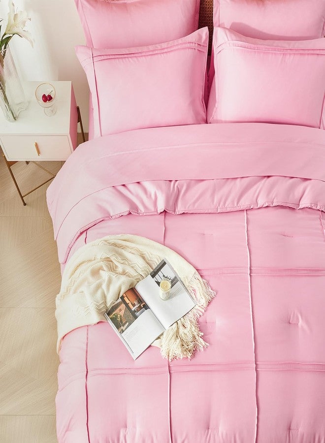 Yogeneg Pink Comforter Set Twin Size 5 Piece Bed in a Bag,Grid Pinch Pleat Twin Bedding Set,Striped Textured Soft Microfiber Comforter with Sheet Set,All Season Complete Bed Set(Pink,Twin) - Image 3