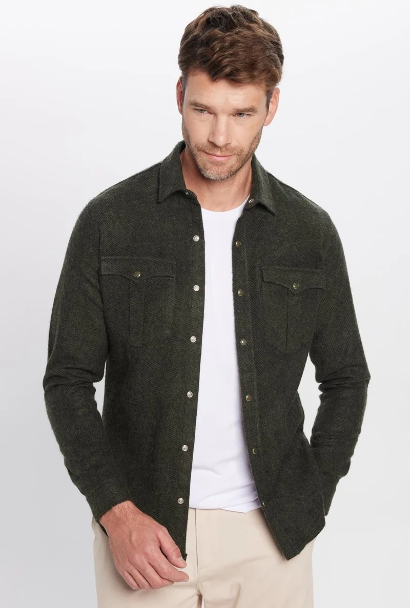 تودورس Men's Slim Fit Slim Fit Lumberjack Double Pocket Flap Plain Khaki Winter Shirt