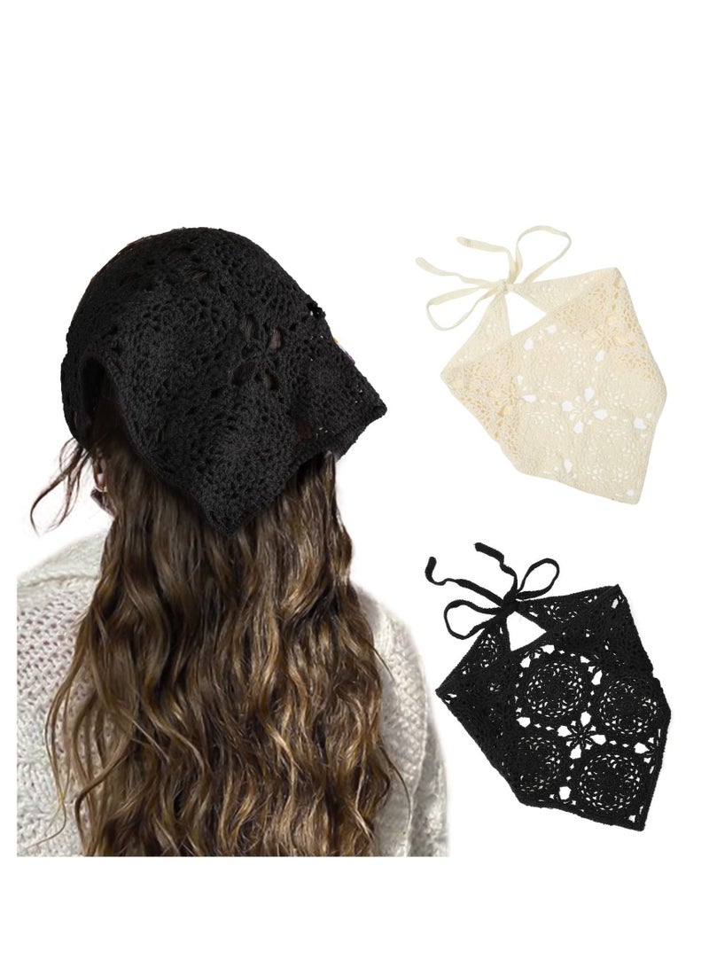 NIBEMINENT Floral Crochet Hair Bandanas Headscarf Women Scarf Daisy Headband Vintage Head Kerchief for Girls Accessories 2 PCS - Image 1