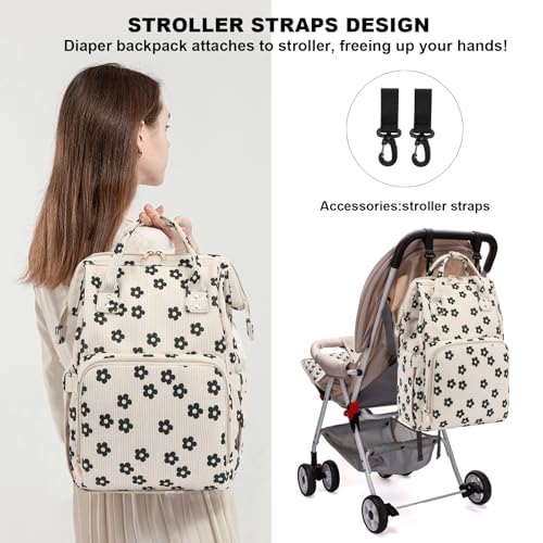 Dezcrab Baby Diaper Bag Backpack for Mom, Large Capacity Travel Nappy Bag for Boys & Girls with Stroller Straps (Corduroy Flowers) - Image 2