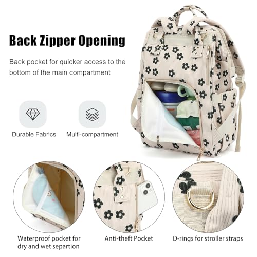 Dezcrab Baby Diaper Bag Backpack for Mom, Large Capacity Travel Nappy Bag for Boys & Girls with Stroller Straps (Corduroy Flowers) - Image 4