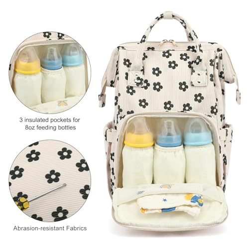 Dezcrab Baby Diaper Bag Backpack for Mom, Large Capacity Travel Nappy Bag for Boys & Girls with Stroller Straps (Corduroy Flowers) - Image 3