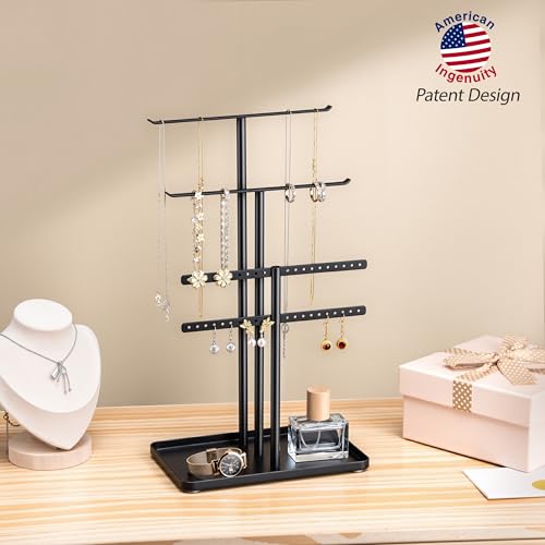 pickpiff Jewelry Stand Organizer, 14.5" Tall Sturdy Metal, 3-Tier Jewelry Holder for Necklace, Earring, Bracelet, Ring, Hanger for Display and Storage, Aesthetic Room Decor, Black - Image 2