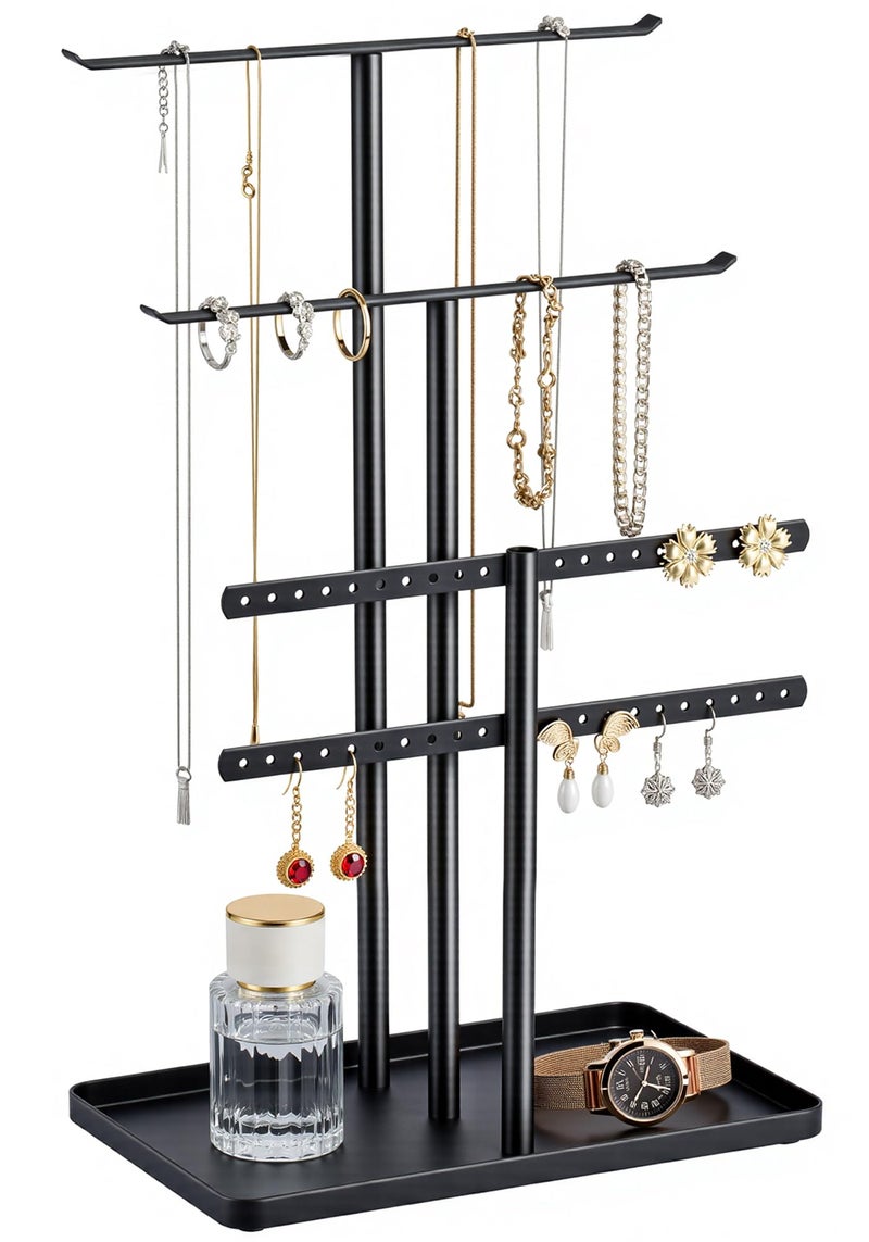 pickpiff Jewelry Stand Organizer, 14.5" Tall Sturdy Metal, 3-Tier Jewelry Holder for Necklace, Earring, Bracelet, Ring, Hanger for Display and Storage, Aesthetic Room Decor, Black - Image 1